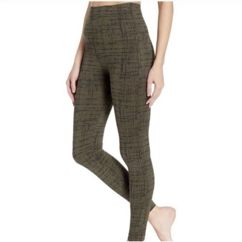 SPANX Look at Me Now Seamless Leggings Women's M Olive Green Crosshatch Print